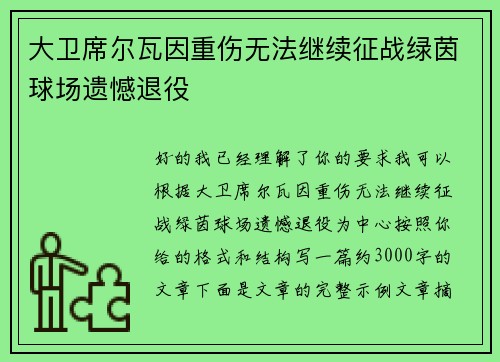 大卫席尔瓦因重伤无法继续征战绿茵球场遗憾退役