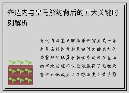齐达内与皇马解约背后的五大关键时刻解析 齐达内与皇马解约背后的五大关键时刻解析