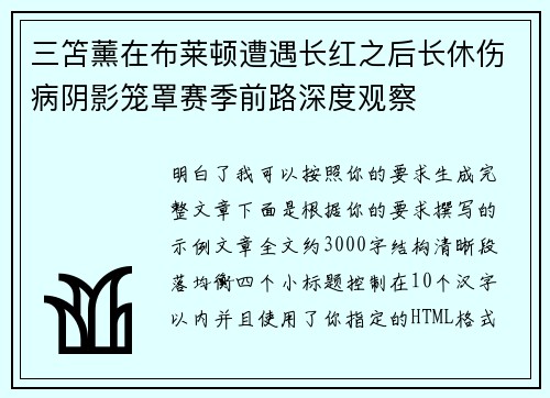 三笘薰在布莱顿遭遇长红之后长休伤病阴影笼罩赛季前路深度观察