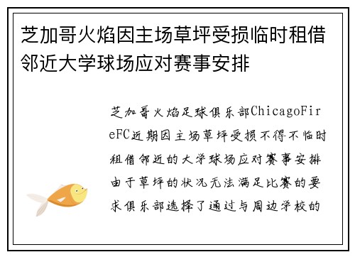 芝加哥火焰因主场草坪受损临时租借邻近大学球场应对赛事安排 芝加哥火焰因主场草坪受损临时租借邻近大学球场应对赛事安排